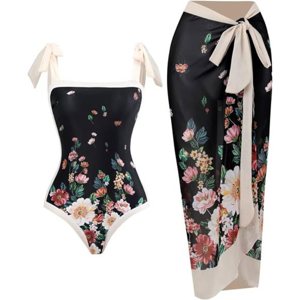 Women's One Piece Swimsuit with Cover up Wrap Skirt Sarong Retro Floral Print